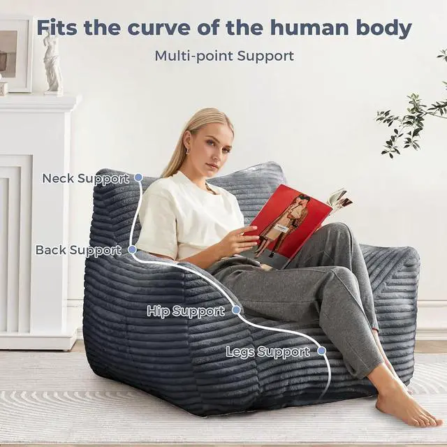 Alt view image 4 of 7 - Giant Bean Bag Chair for Adults with Armrests, Comfy Large Beanbag Lounge, Corduroy Floor Lazy Sofa, Fluffy Cloud Reading Chair, Bean Bag Couch for Gaming Room, Living Room, Bedroom & Dorm, Gray