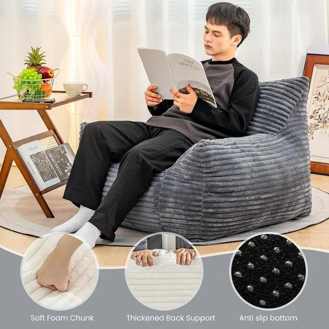 Alt view image 3 of 7 - Giant Bean Bag Chair for Adults with Armrests, Comfy Large Beanbag Lounge, Corduroy Floor Lazy Sofa, Fluffy Cloud Reading Chair, Bean Bag Couch for Gaming Room, Living Room, Bedroom & Dorm, Gray