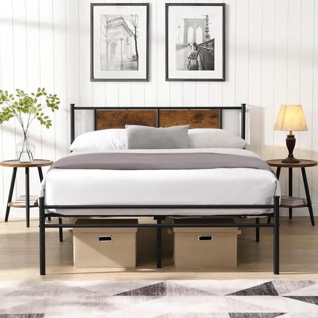Alt view image 3 of 7 - Metal Platform Bedframe, Queen Size Bed Frame with Wood Panel Headboard, Queen Bed with Solid Metal Slats Support, Noise-Free,Strong Bearing Capacity, Black