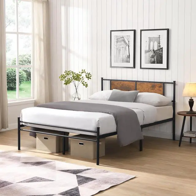 Alt view image 4 of 7 - Metal Platform Bedframe, Queen Size Bed Frame with Wood Panel Headboard, Queen Bed with Solid Metal Slats Support, Noise-Free,Strong Bearing Capacity, Black