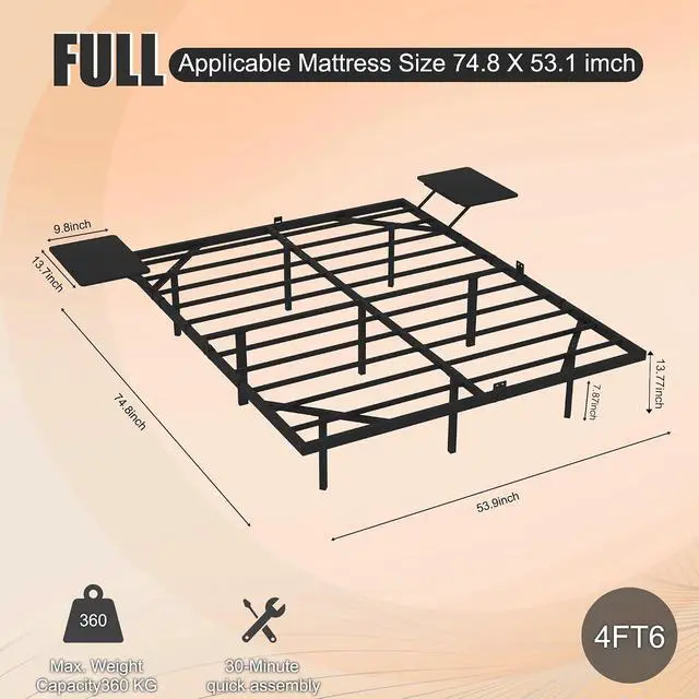 Alt view image 2 of 7 - Full Size Platform Bed with Side Tables, Heavy Duty Metal Floating Bed Frame with LED Ligh, Large Underneath Storage Space, Double Bed with Strong Bearing Capacity, Noise Free, Black