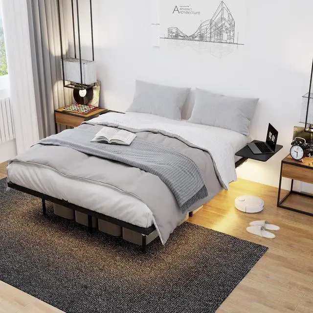 Main image of Full Size Platform Bed with Side Tables, Heavy Duty Metal Floating Bed Frame with LED Ligh, Large Underneath Storage Space, Double Bed with Strong Bearing Capacity, Noise Free, Black