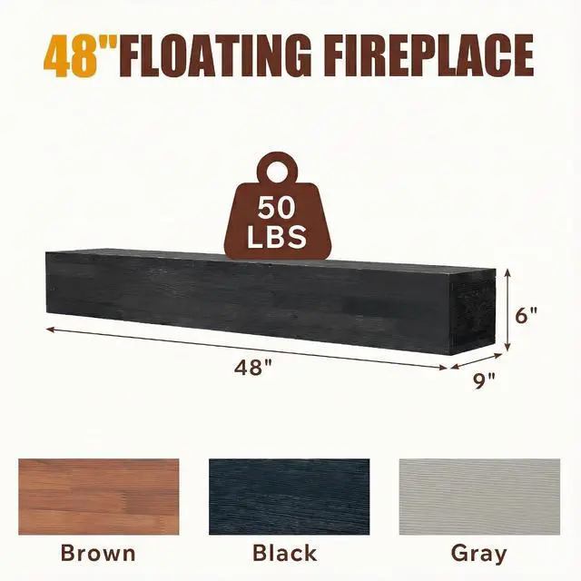 Alt view image 2 of 5 - 48" Floating Fireplace Mantel Shelf, Wall-Mounted Solid Wood Fireplace Shelf, Farmhouse Rustic Hanging Wooden Cover Over Existing Mantel for Home Living Room Decor, Black