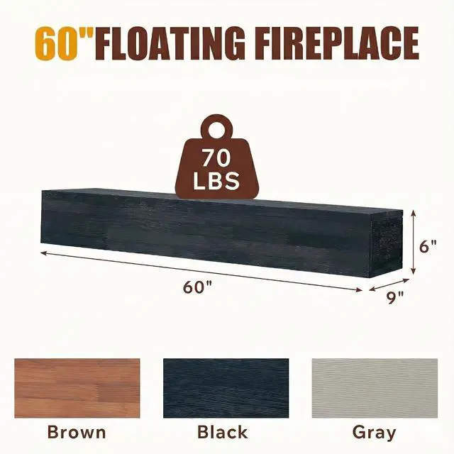 Alt view image 2 of 5 - 60" Floating Fireplace Mantel Shelf, Wall-Mounted Solid Wood Fireplace Shelf, Farmhouse Rustic Hanging Wooden Cover Over Existing Mantel for Home Living Room Decor, Black