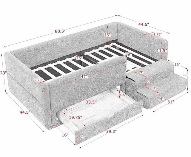 Alt view image 2 of 7 - Twin Size Daybed with Storage Drawer, Cozy Floor Bed with Guardrails, Boucle Upholstered Single Bed with Step Stool, Multi-Functional Corner Boys Girls Bed, Easy Assemble, Orange