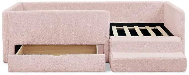 Alt view image 5 of 7 - Twin Size Daybed with Storage Drawer, Cozy Floor Bed with Guardrails, Boucle Upholstered Single Bed with Step Stool, Multi-Functional Corner Boys Girls Bed, Easy Assemble, Pink