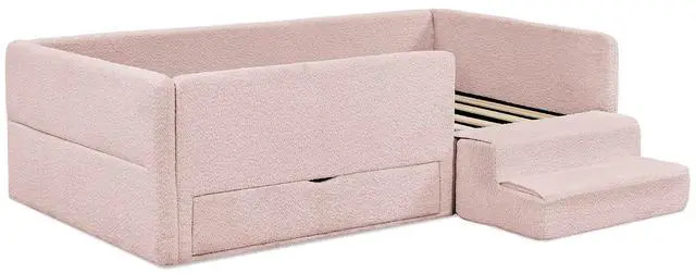 Alt view image 6 of 7 - Twin Size Daybed with Storage Drawer, Cozy Floor Bed with Guardrails, Boucle Upholstered Single Bed with Step Stool, Multi-Functional Corner Boys Girls Bed, Easy Assemble, Pink