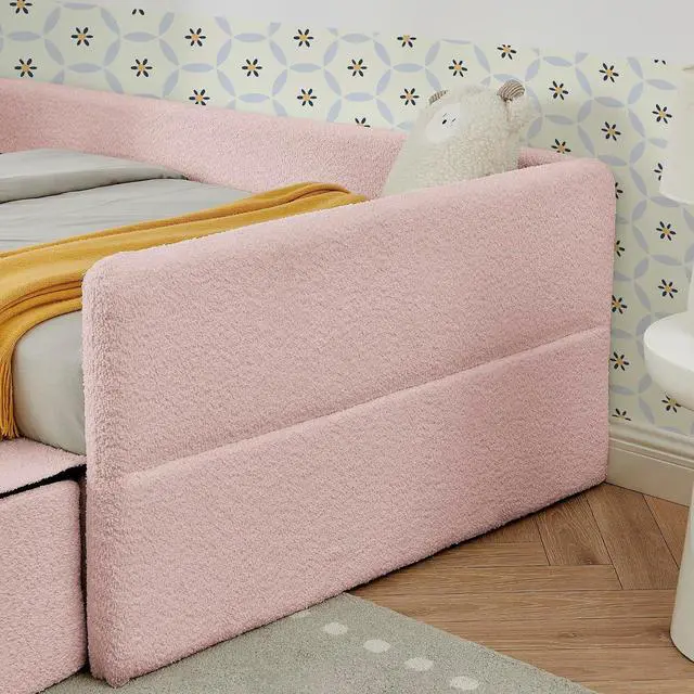 Alt view image 7 of 7 - Twin Size Daybed with Storage Drawer, Cozy Floor Bed with Guardrails, Boucle Upholstered Single Bed with Step Stool, Multi-Functional Corner Boys Girls Bed, Easy Assemble, Pink