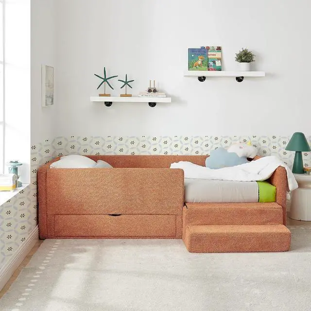 Alt view image 4 of 7 - Twin Size Daybed with Storage Drawer, Cozy Floor Bed with Guardrails, Boucle Upholstered Single Bed with Step Stool, Multi-Functional Corner Boys Girls Bed, Easy Assemble, Orange