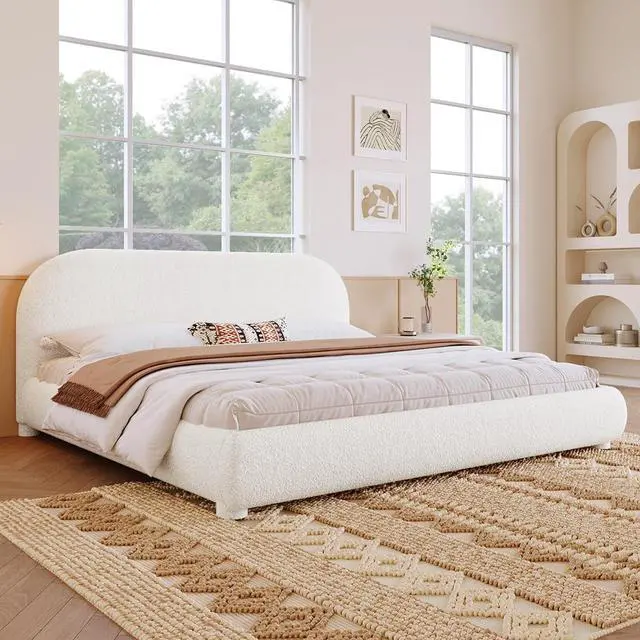 Main image of Soft Boucle Upholstered Queen Bedframe, Platform Bed with Solid Cylindrical Legs, Modern Luxury Double Bed, Cushioned Bedroom Furniture, No Box Spring Needed, Cream