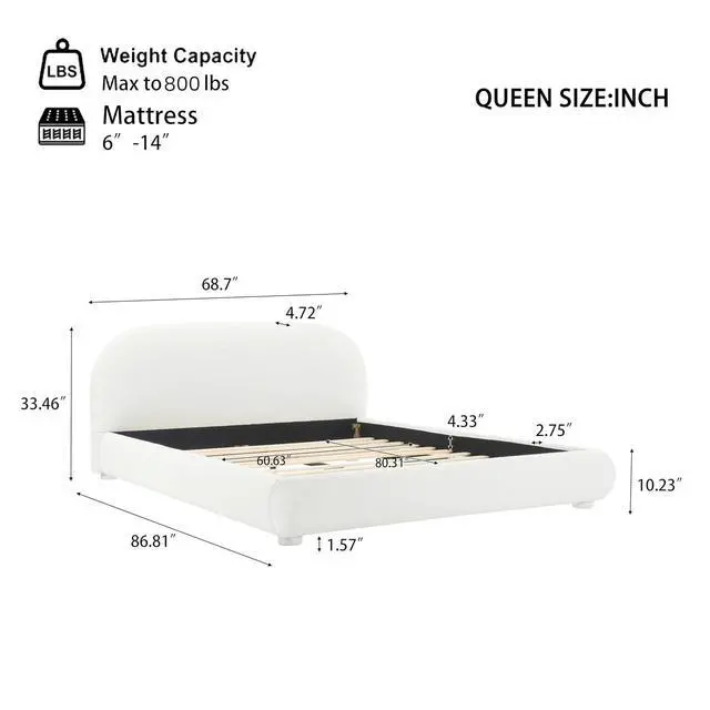 Alt view image 2 of 6 - Soft Boucle Upholstered Queen Bedframe, Platform Bed with Solid Cylindrical Legs, Modern Luxury Double Bed, Cushioned Bedroom Furniture, No Box Spring Needed, Cream