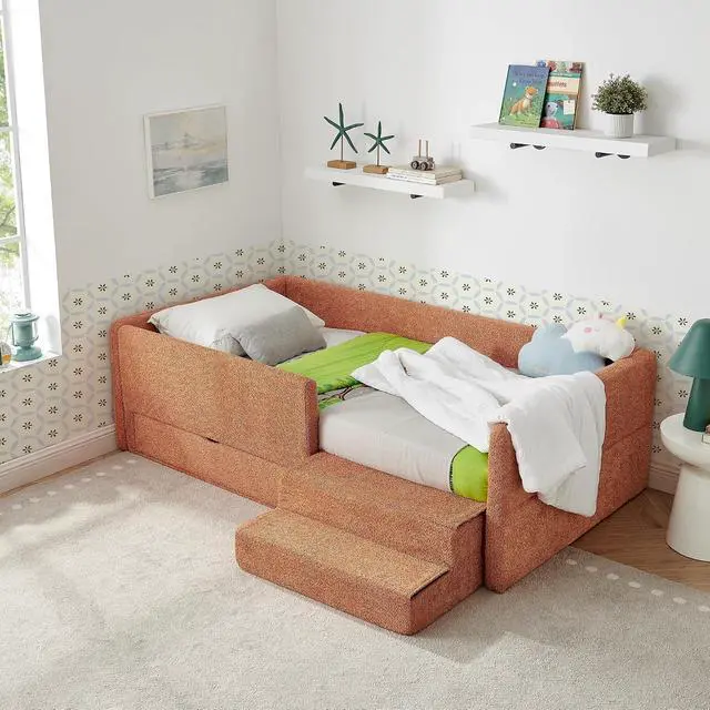 Alt view image 3 of 7 - Twin Size Daybed with Storage Drawer, Cozy Floor Bed with Guardrails, Boucle Upholstered Single Bed with Step Stool, Multi-Functional Corner Boys Girls Bed, Easy Assemble, Orange