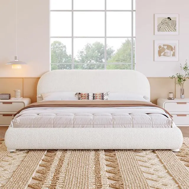 Alt view image 3 of 6 - Soft Boucle Upholstered Queen Bedframe, Platform Bed with Solid Cylindrical Legs, Modern Luxury Double Bed, Cushioned Bedroom Furniture, No Box Spring Needed, Cream