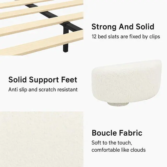 Alt view image 4 of 6 - Soft Boucle Upholstered Queen Bedframe, Platform Bed with Solid Cylindrical Legs, Modern Luxury Double Bed, Cushioned Bedroom Furniture, No Box Spring Needed, Cream