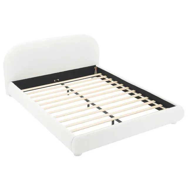 Alt view image 5 of 6 - Soft Boucle Upholstered Queen Bedframe, Platform Bed with Solid Cylindrical Legs, Modern Luxury Double Bed, Cushioned Bedroom Furniture, No Box Spring Needed, Cream