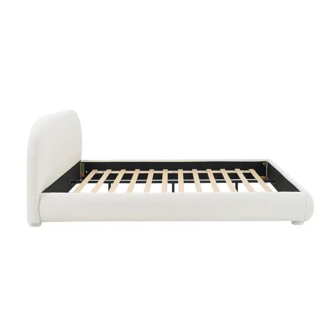 Alt view image 6 of 6 - Soft Boucle Upholstered Queen Bedframe, Platform Bed with Solid Cylindrical Legs, Modern Luxury Double Bed, Cushioned Bedroom Furniture, No Box Spring Needed, Cream