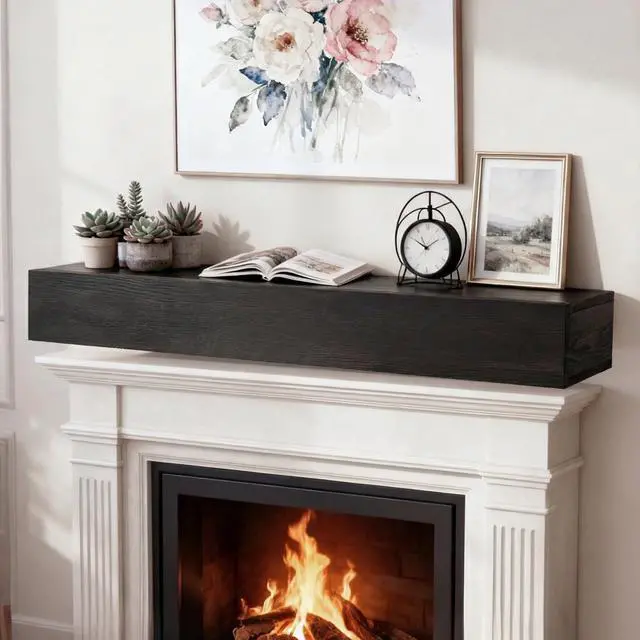 Main image of 48" Floating Fireplace Mantel Shelf, Wall-Mounted Solid Wood Fireplace Shelf, Farmhouse Rustic Hanging Wooden Cover Over Existing Mantel for Home Living Room Decor, Black