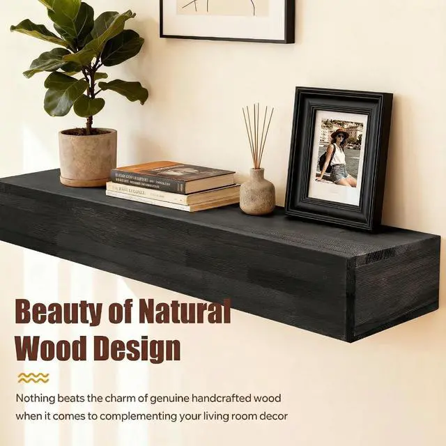 Alt view image 3 of 5 - 48" Floating Fireplace Mantel Shelf, Wall-Mounted Solid Wood Fireplace Shelf, Farmhouse Rustic Hanging Wooden Cover Over Existing Mantel for Home Living Room Decor, Black