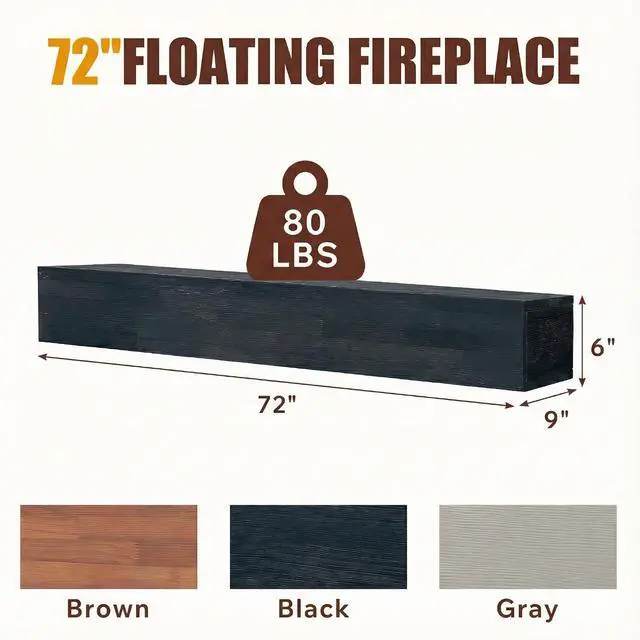 Alt view image 2 of 5 - 72" Floating Fireplace Mantel Shelf, Wall-Mounted Solid Wood Fireplace Shelf, Farmhouse Rustic Hanging Wooden Cover Over Existing Mantel for Home Living Room Decor, Black