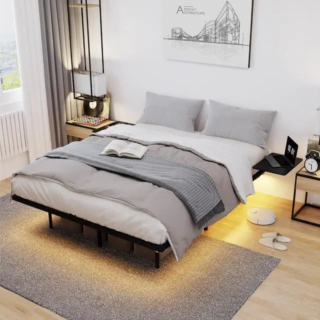 Main image of Queen Size Platform Bed with Side Tables, Heavy Duty Metal Floating Bed Frame with LED Ligh, Large Underneath Storage Space, Double Bed with Strong Bearing Capacity, Noise Free, Black