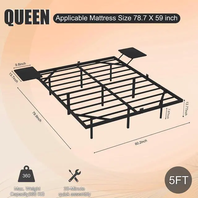 Alt view image 2 of 7 - Queen Size Platform Bed with Side Tables, Heavy Duty Metal Floating Bed Frame with LED Ligh, Large Underneath Storage Space, Double Bed with Strong Bearing Capacity, Noise Free, Black