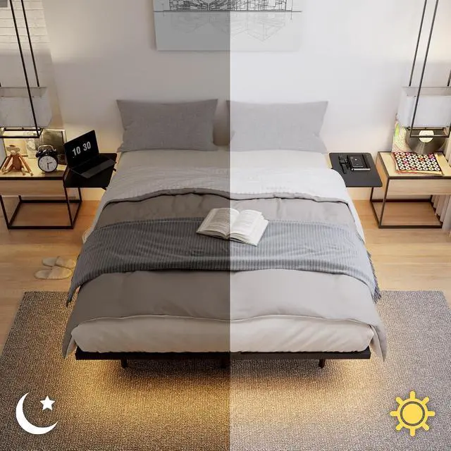 Alt view image 3 of 7 - Queen Size Platform Bed with Side Tables, Heavy Duty Metal Floating Bed Frame with LED Ligh, Large Underneath Storage Space, Double Bed with Strong Bearing Capacity, Noise Free, Black