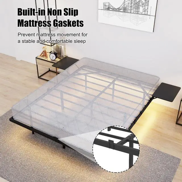 Alt view image 5 of 7 - Queen Size Platform Bed with Side Tables, Heavy Duty Metal Floating Bed Frame with LED Ligh, Large Underneath Storage Space, Double Bed with Strong Bearing Capacity, Noise Free, Black