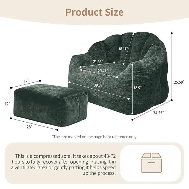 Alt view image 2 of 7 - Large Bean Bag Chair with Footrest, Armrest Lazy Floor Sofa with Ottoman, Comfy BeanBag Reading Chair with High-density Foam for Living Room, Bedroom, Apartment Gaming, Playing or Relaxing, Green