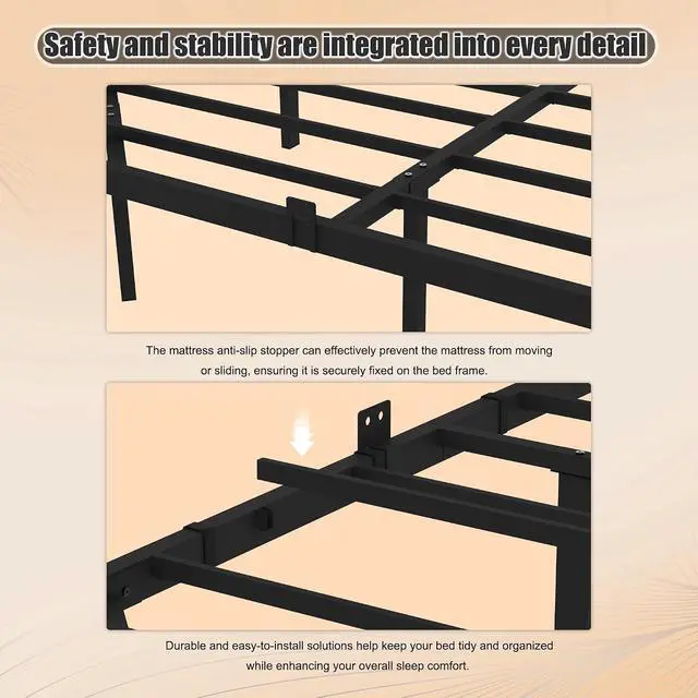 Alt view image 7 of 7 - Full Size Platform Bed with Side Tables, Heavy Duty Metal Floating Bed Frame with LED Ligh, Large Underneath Storage Space, Double Bed with Strong Bearing Capacity, Noise Free, Black