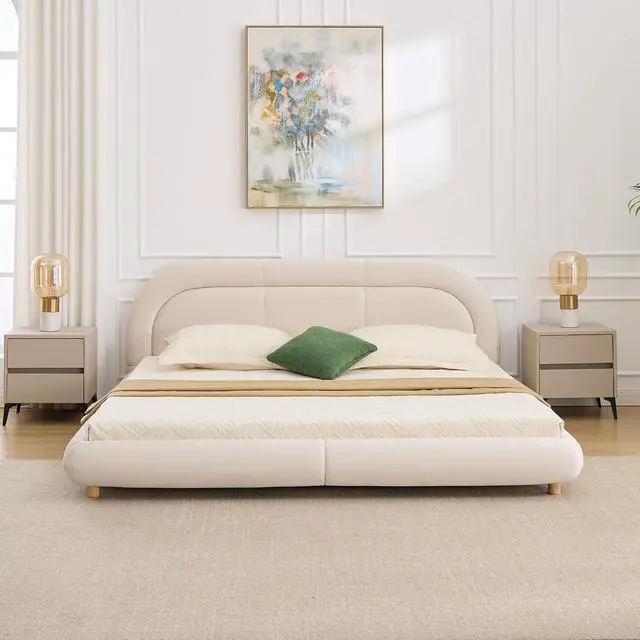 Alt view image 3 of 7 - Velvet Upholstered King Size Bed Frame, Oversized Low Profile Platform Bed with Rounded Headboard, Luxury Double Bedframe with Solid Wooden Legs, No Box Spring Needed, Beige