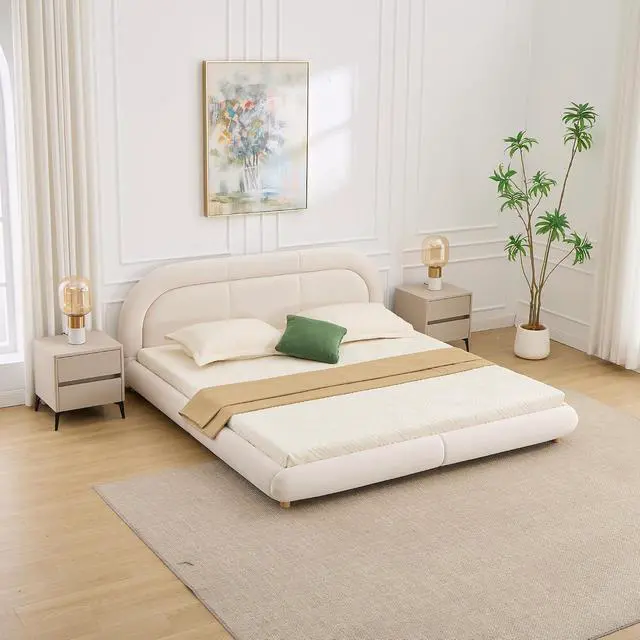 Alt view image 4 of 7 - Velvet Upholstered King Size Bed Frame, Oversized Low Profile Platform Bed with Rounded Headboard, Luxury Double Bedframe with Solid Wooden Legs, No Box Spring Needed, Beige