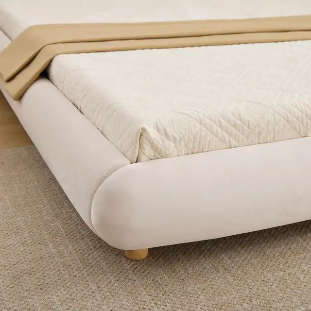 Alt view image 6 of 7 - Velvet Upholstered King Size Bed Frame, Oversized Low Profile Platform Bed with Rounded Headboard, Luxury Double Bedframe with Solid Wooden Legs, No Box Spring Needed, Beige