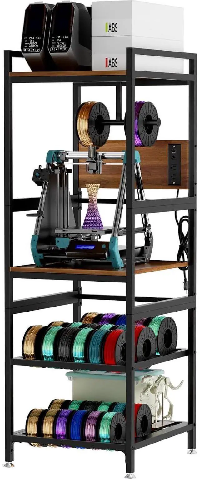 Main image of 3D Printer Stand with Filament Storage, Heavy-Duty 3D Printer Table with Power Panel, Metal Frame and MDF Desktop, T-Shaped Filament Rack, Accessories for Printing Studio, Home Office Workshop