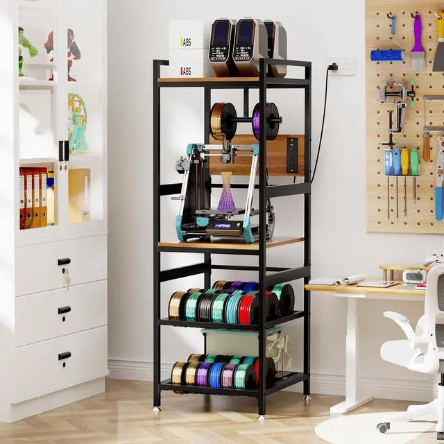 Alt view image 3 of 7 - 3D Printer Stand with Filament Storage, Heavy-Duty 3D Printer Table with Power Panel, Metal Frame and MDF Desktop, T-Shaped Filament Rack, Accessories for Printing Studio, Home Office Workshop