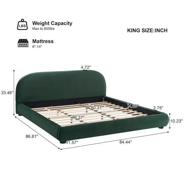Alt view image 2 of 7 - Soft Velvet Upholstered King Bedframe, Platform Bed with Solid Cylindrical Legs, Modern Luxury Double Bed, Cushioned Bedroom Furniture, No Box Spring Needed, Green