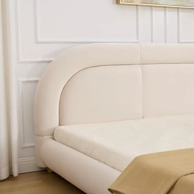 Alt view image 5 of 7 - Velvet Upholstered King Size Bed Frame, Oversized Low Profile Platform Bed with Rounded Headboard, Luxury Double Bedframe with Solid Wooden Legs, No Box Spring Needed, Beige