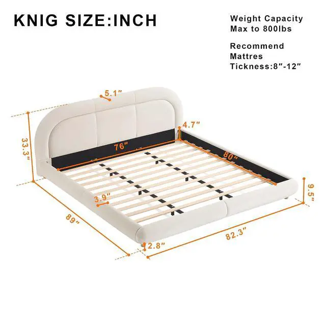 Alt view image 2 of 7 - Velvet Upholstered King Size Bed Frame, Oversized Low Profile Platform Bed with Rounded Headboard, Luxury Double Bedframe with Solid Wooden Legs, No Box Spring Needed, Beige