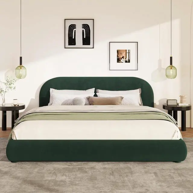 Alt view image 3 of 7 - Soft Velvet Upholstered King Bedframe, Platform Bed with Solid Cylindrical Legs, Modern Luxury Double Bed, Cushioned Bedroom Furniture, No Box Spring Needed, Green