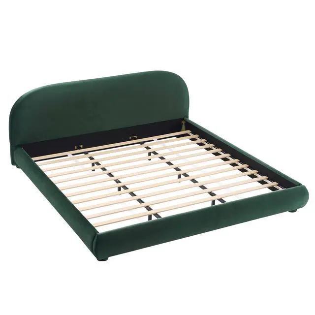 Alt view image 6 of 7 - Soft Velvet Upholstered King Bedframe, Platform Bed with Solid Cylindrical Legs, Modern Luxury Double Bed, Cushioned Bedroom Furniture, No Box Spring Needed, Green