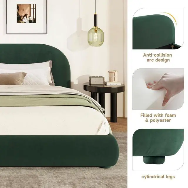 Alt view image 4 of 7 - Soft Velvet Upholstered King Bedframe, Platform Bed with Solid Cylindrical Legs, Modern Luxury Double Bed, Cushioned Bedroom Furniture, No Box Spring Needed, Green