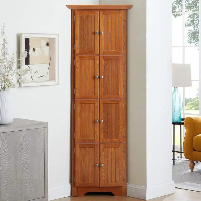 Alt view image 3 of 7 - 72" Tall Corner Storage Cabinet with Doors and Shelves, Farmhouse Coffee Bar Wood Kitchen Pantry with 8 Doors, Freestanding Large Utility Cabinet for Living Room, Kitchen, Oak
