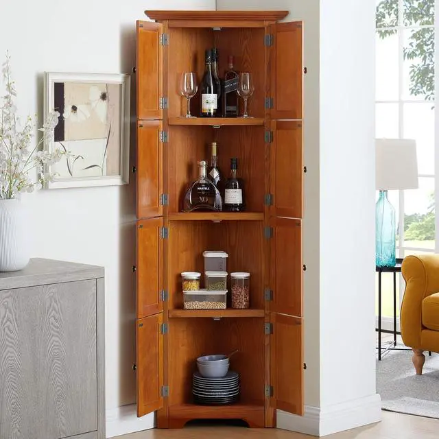 Alt view image 4 of 7 - 72" Tall Corner Storage Cabinet with Doors and Shelves, Farmhouse Coffee Bar Wood Kitchen Pantry with 8 Doors, Freestanding Large Utility Cabinet for Living Room, Kitchen, Oak