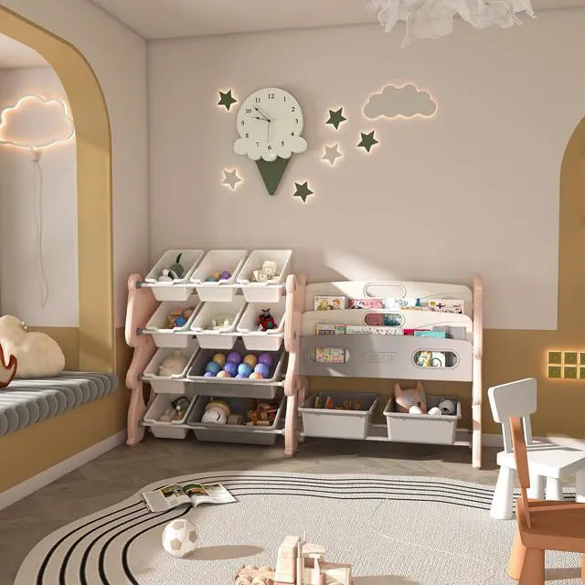 Main image of 4 Tier Toy Storage Organizer, 12 Toy Bins with 2 Tier Bookshelf, Toy Box with Sling Book Display Shelf for Playroom, Bedroom, Kids Room, Classroom, Pink