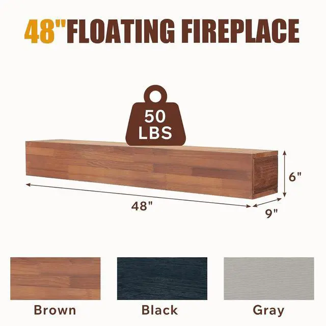 Alt view image 2 of 5 - 48" Floating Fireplace Mantel Shelf, Wall-Mounted Solid Wood Fireplace Shelf, Farmhouse Rustic Hanging Wooden Cover Over Existing Mantel for Home Living Room Decor, Light Brown