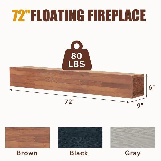 Alt view image 2 of 5 - 72" Floating Fireplace Mantel Shelf, Wall-Mounted Solid Wood Fireplace Shelf, Farmhouse Rustic Hanging Wooden Cover Over Existing Mantel for Home Living Room Decor, Light Brown