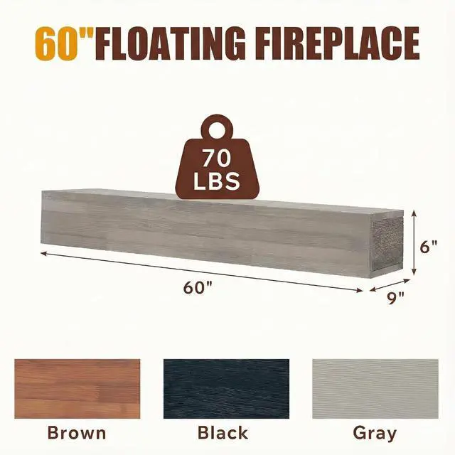 Alt view image 2 of 5 - 60" Floating Fireplace Mantel Shelf, Wall-Mounted Solid Wood Fireplace Shelf, Farmhouse Rustic Hanging Wooden Cover Over Existing Mantel for Home Living Room Decor, Gray
