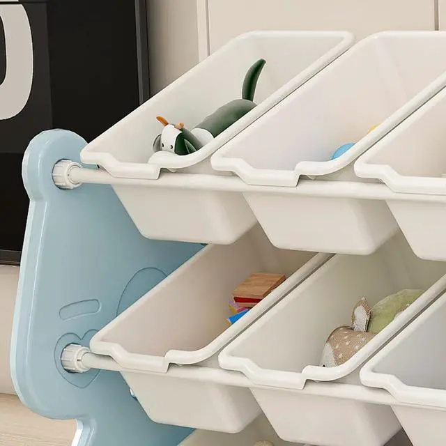 Alt view image 6 of 7 - 4 Tier Toy Storage Organizer, 12 Toy Bins with 2 Tier Bookshelf, Toy Box with Sling Book Display Shelf for Playroom, Bedroom, Kids Room, Classroom,Blue