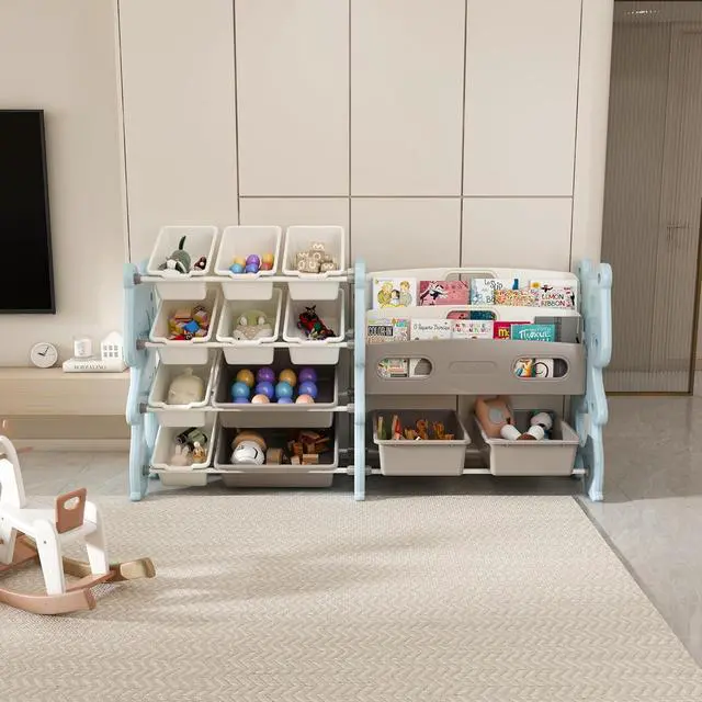 Alt view image 2 of 7 - 4 Tier Toy Storage Organizer, 12 Toy Bins with 2 Tier Bookshelf, Toy Box with Sling Book Display Shelf for Playroom, Bedroom, Kids Room, Classroom,Blue