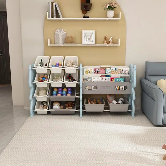Alt view image 3 of 7 - 4 Tier Toy Storage Organizer, 12 Toy Bins with 2 Tier Bookshelf, Toy Box with Sling Book Display Shelf for Playroom, Bedroom, Kids Room, Classroom,Blue
