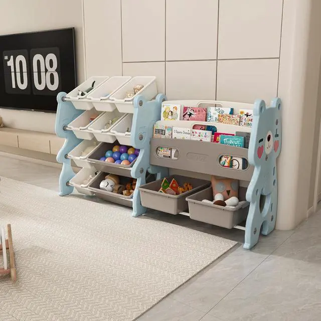 Alt view image 4 of 7 - 4 Tier Toy Storage Organizer, 12 Toy Bins with 2 Tier Bookshelf, Toy Box with Sling Book Display Shelf for Playroom, Bedroom, Kids Room, Classroom,Blue